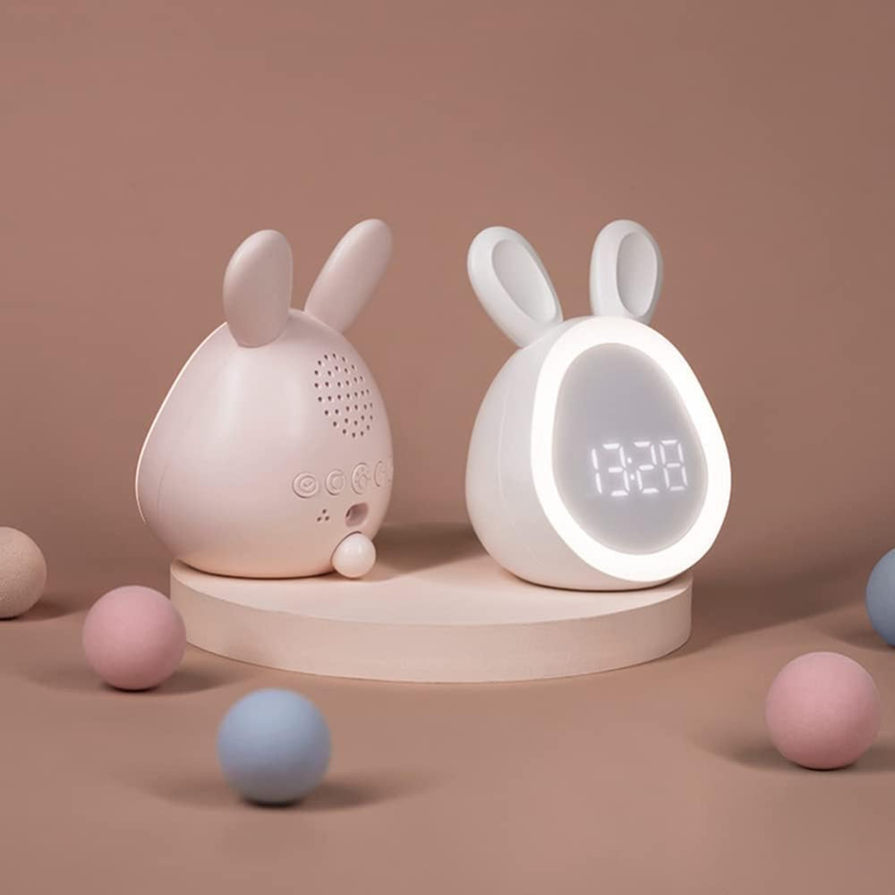 Children's Alarm Clock Bunny Night Light | Quiet Operation, Colour-Changing LED | USB Rechargeable, Pink or White