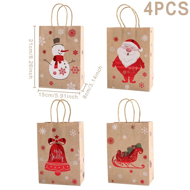 Christmas Kraft Paper Gift Bags with Handles | Set of 4 Festive Holiday Designs | Reusable & Recyclable Kraft Paper