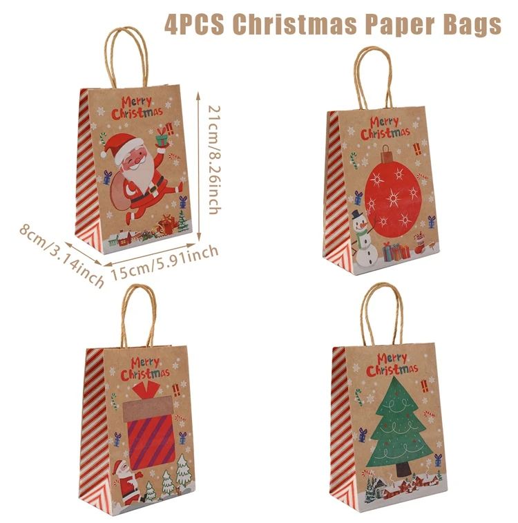 Christmas Kraft Paper Gift Bags with Handles | Set of 4 Festive Holiday Designs | Reusable & Recyclable Kraft Paper