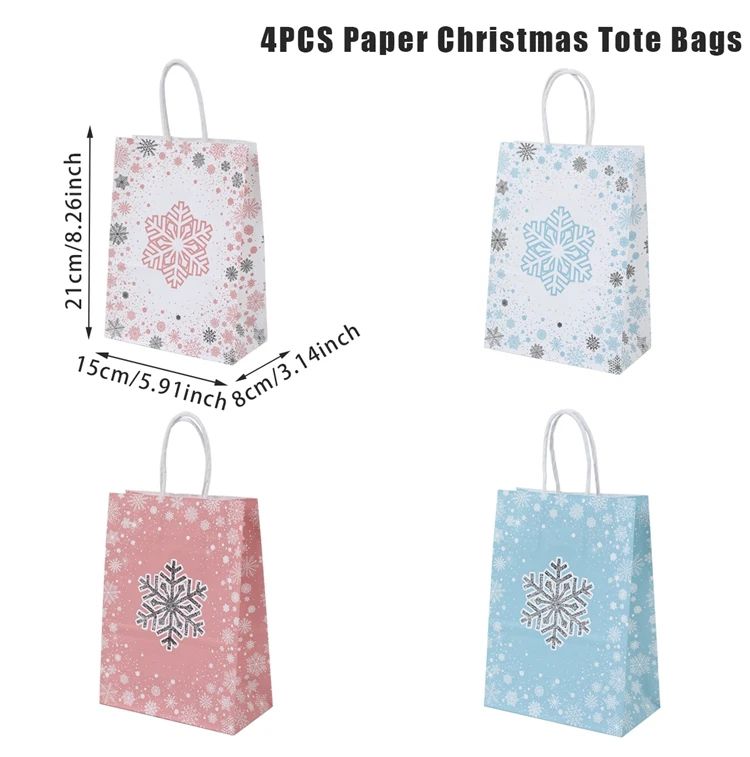 Christmas Kraft Paper Gift Bags with Handles | Set of 4 Festive Holiday Designs | Reusable & Recyclable Kraft Paper
