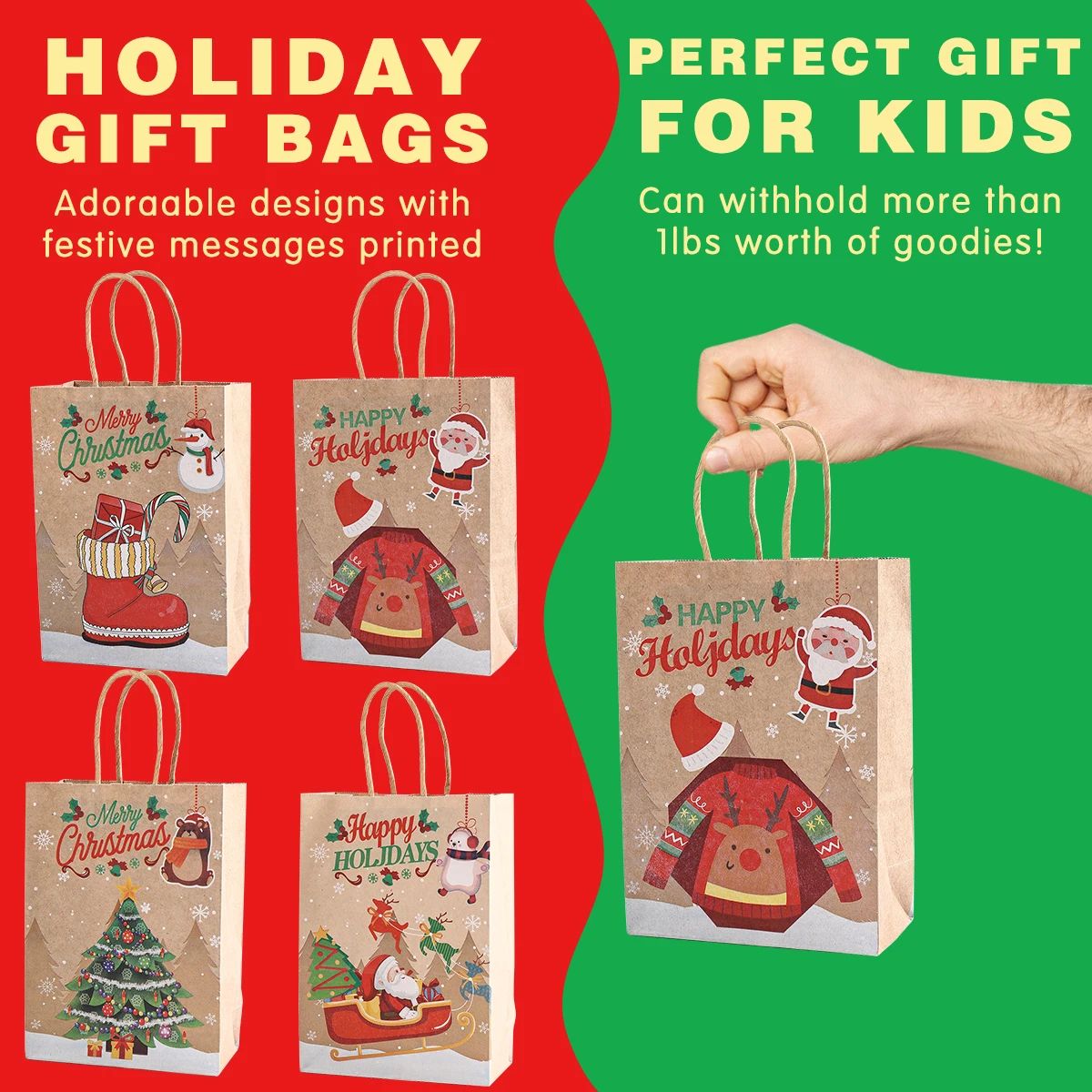 Christmas Kraft Paper Gift Bags with Handles | Set of 4 Festive Holiday Designs | Reusable & Recyclable Kraft Paper