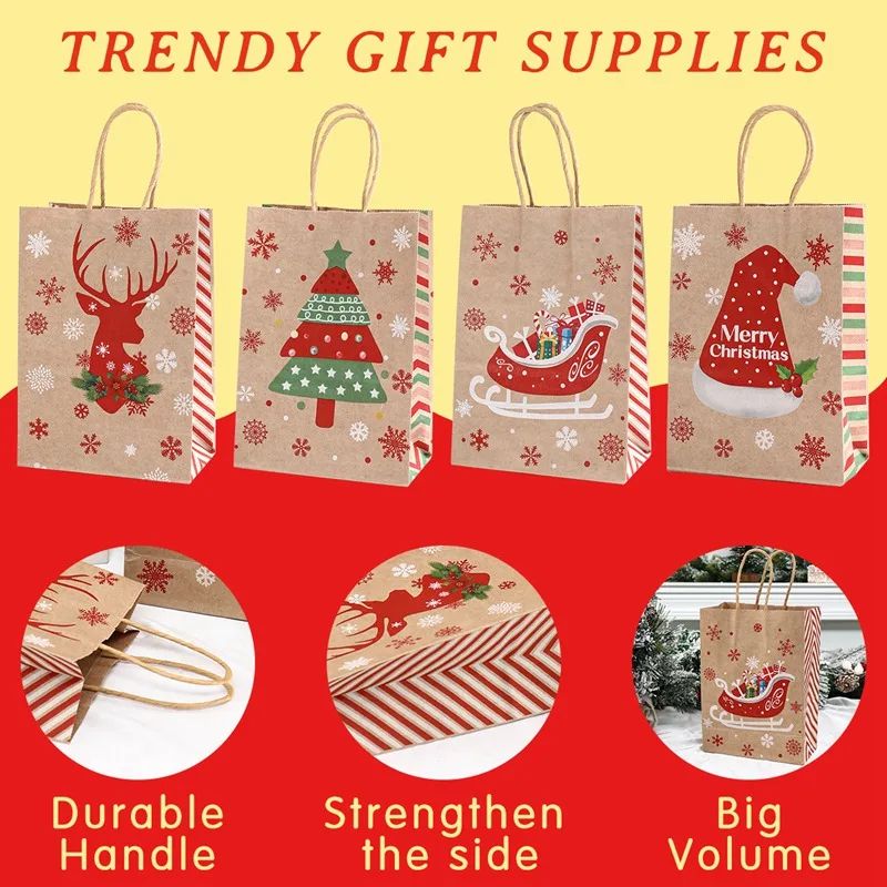 Christmas Kraft Paper Gift Bags with Handles | Set of 4 Festive Holiday Designs | Reusable & Recyclable Kraft Paper