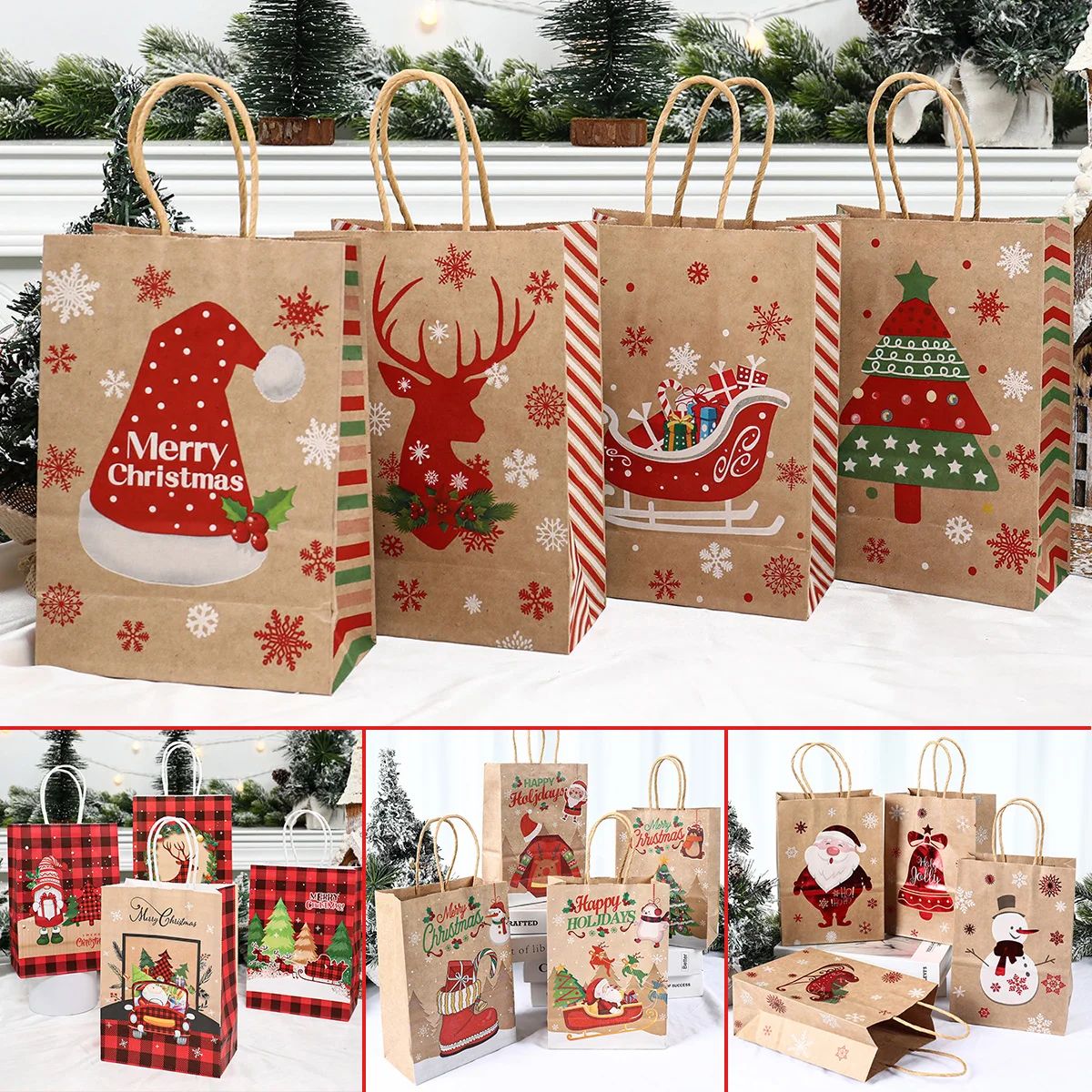 Christmas Kraft Paper Gift Bags with Handles | Set of 4 Festive Holiday Designs | Reusable & Recyclable Kraft Paper