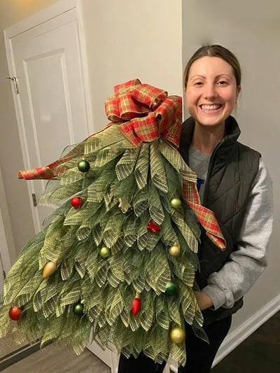 Christmas Tree Door Garland | 40 x 20 cm | Handmade Weatherproof Burlap with Bow, Berries & Warm Light Options