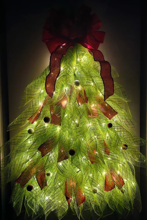 Christmas Tree Door Garland | 40 x 20 cm | Handmade Weatherproof Burlap with Bow, Berries & Warm Light Options