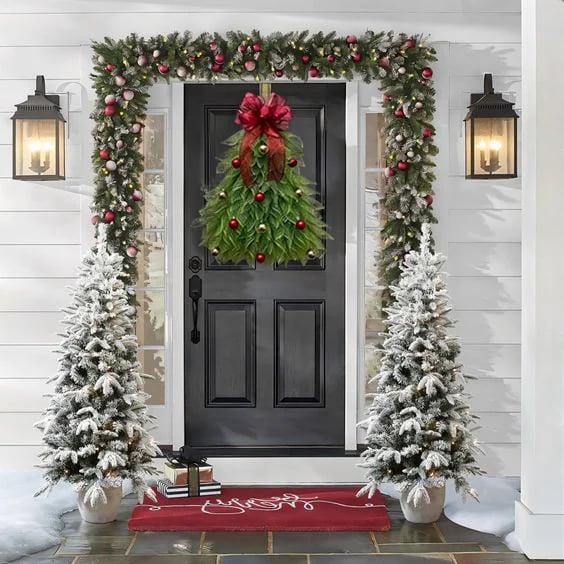 Christmas Tree Door Garland | 40 x 20 cm | Handmade Weatherproof Burlap with Bow, Berries & Warm Light Options
