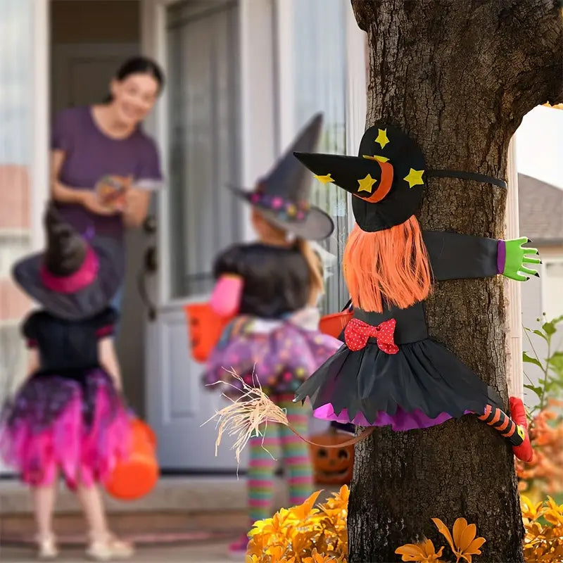 Climbing Witch Tree Decoration Halloween | Orange Hair Detail, Lightweight Build | Indoor & Outdoor Hanging Pendant Decor