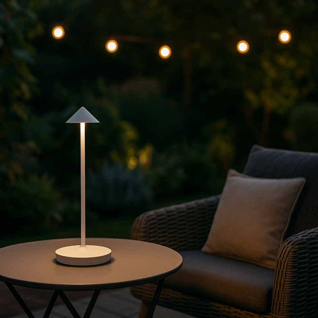 Cordless Rechargeable Table Lamp in Aluminium | Touch Dimmer, 4 Colours | Warm White LED, Indoor and Outdoor Use
