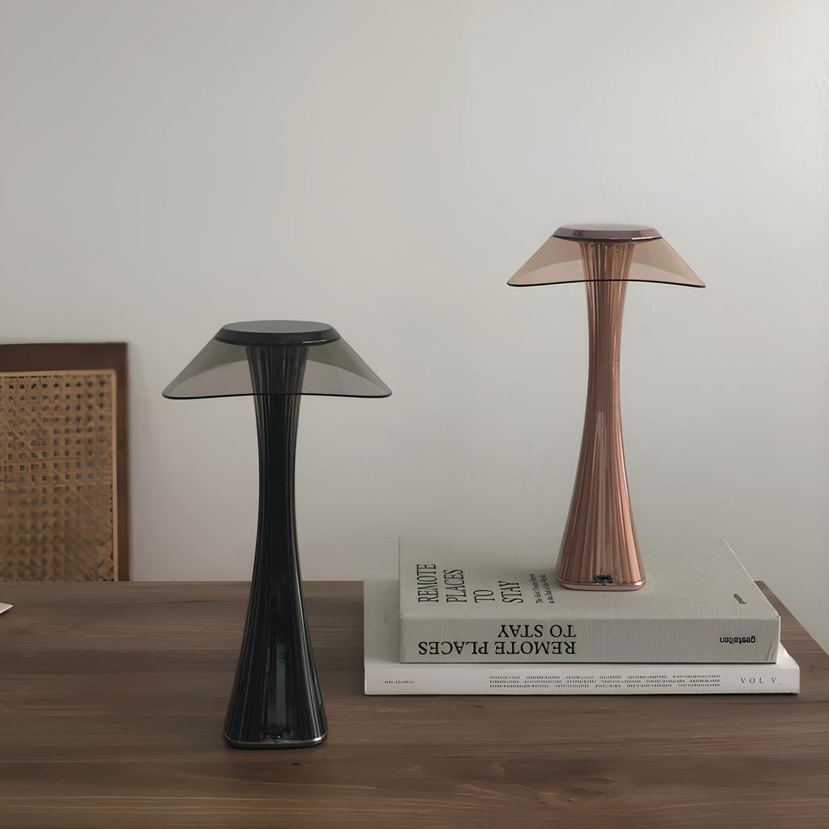 Cordless Table Lamp ABS | Rose Gold or Black, Curved Design | Rechargeable, 3-Colour Dimmable Light