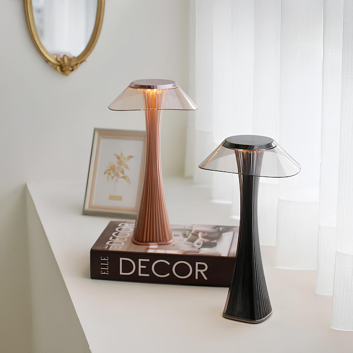 Cordless Table Lamp ABS | Rose Gold or Black, Curved Design | Rechargeable, 3-Colour Dimmable Light