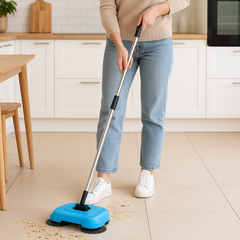 Cordless Vacuum Broom Push-Powered 360 Rotating with Built-In Dust Bin