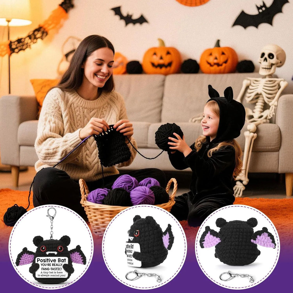 Crochet Bat Doll Halloween Decor | Includes Encouragement Card | Knitted Design for Desk, Shelf or Room Display