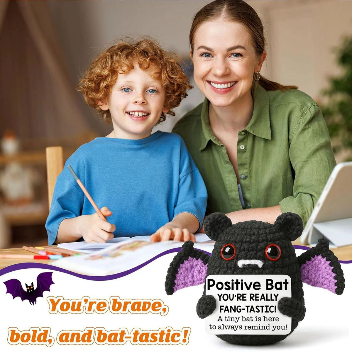 Crochet Bat Doll Halloween Decor | Includes Encouragement Card | Knitted Design for Desk, Shelf or Room Display