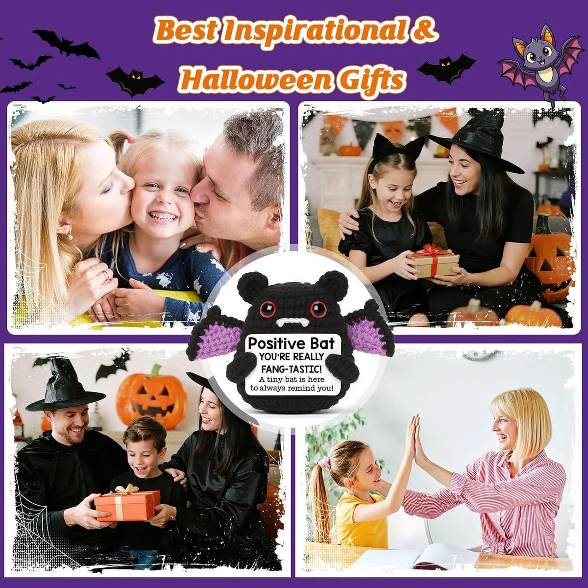 Crochet Bat Doll Halloween Decor | Includes Encouragement Card | Knitted Design for Desk, Shelf or Room Display