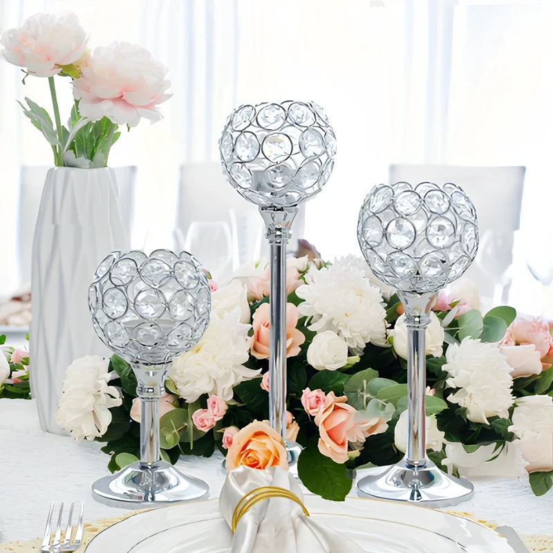 Crystal Sphere Candle Holder | Glass and Iron, Gold or Silver | Faceted Beads Reflect Candlelight, 3 Sizes or Set of 3