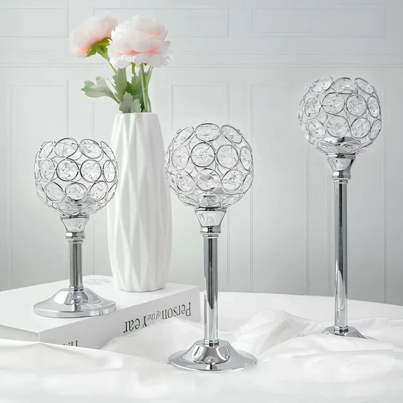 Crystal Sphere Candle Holder | Glass and Iron, Gold or Silver | Faceted Beads Reflect Candlelight, 3 Sizes or Set of 3