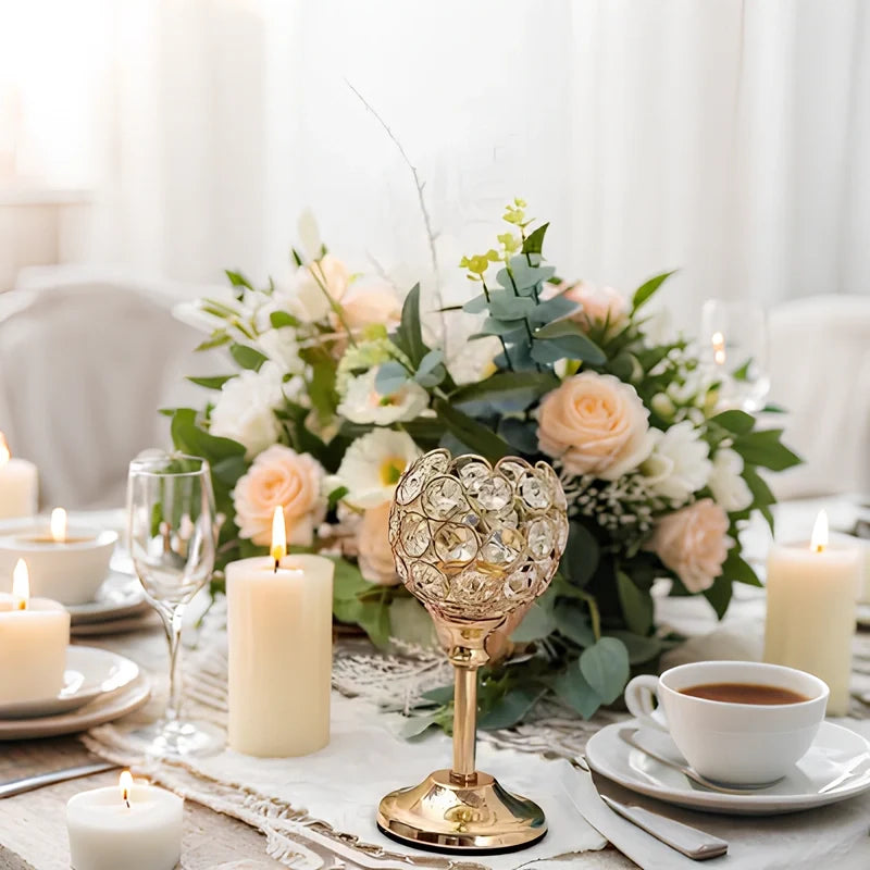 Crystal Sphere Candle Holder | Glass and Iron, Gold or Silver | Faceted Beads Reflect Candlelight, 3 Sizes or Set of 3