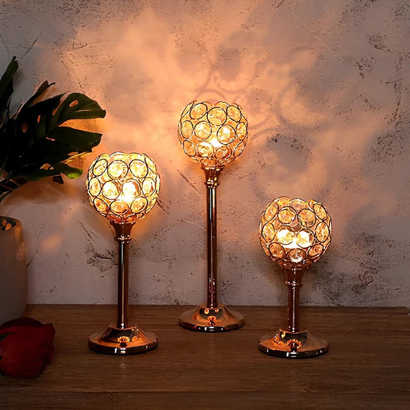 Crystal Sphere Candle Holder | Glass and Iron, Gold or Silver | Faceted Beads Reflect Candlelight, 3 Sizes or Set of 3
