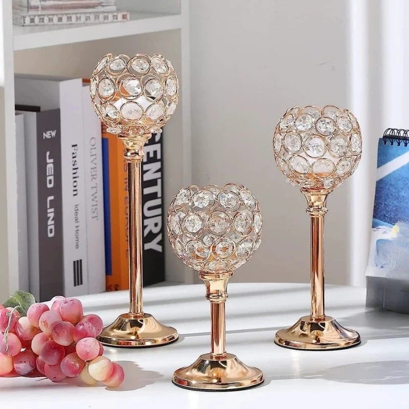Crystal Sphere Candle Holder | Glass and Iron, Gold or Silver | Faceted Beads Reflect Candlelight, 3 Sizes or Set of 3