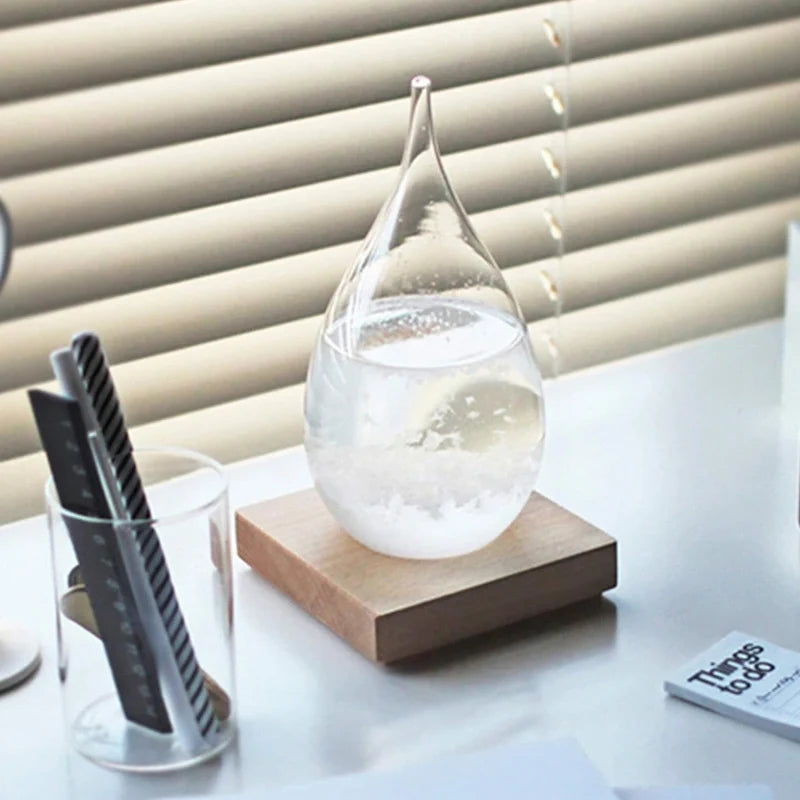 Crystal Weather Lamp Glass & Wood | Water Drop or Cube Shape, USB or Battery Powered | 7-Colour LED, Crystals React to Temperature