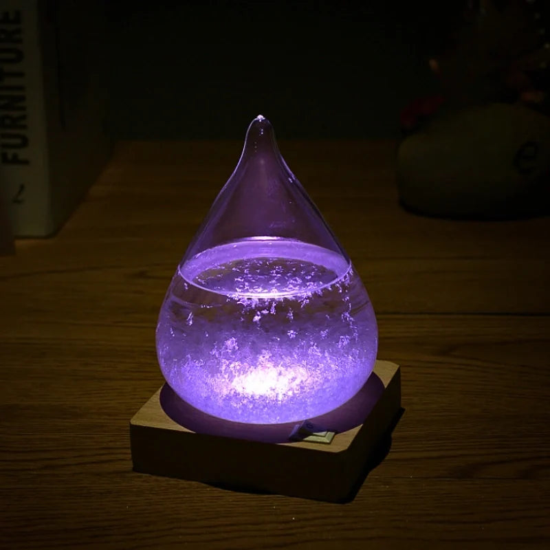 Crystal Weather Lamp Glass & Wood | Water Drop or Cube Shape, USB or Battery Powered | 7-Colour LED, Crystals React to Temperature