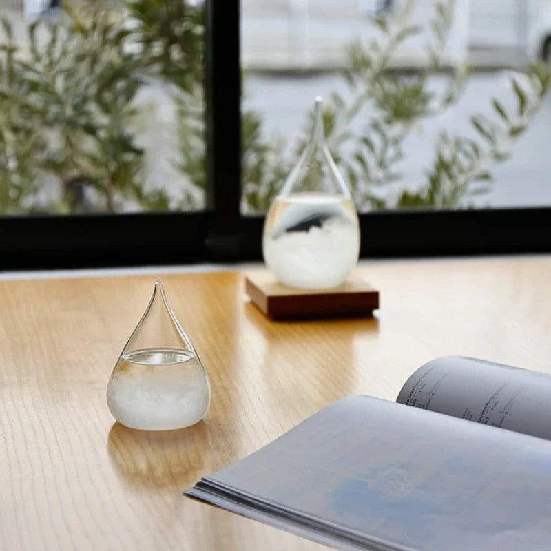 Crystal Weather Lamp Glass & Wood | Water Drop or Cube Shape, USB or Battery Powered | 7-Colour LED, Crystals React to Temperature