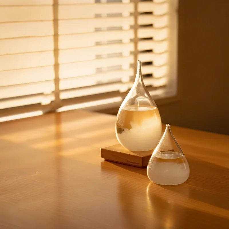 Crystal Weather Lamp Glass & Wood | Water Drop or Cube Shape, USB or Battery Powered | 7-Colour LED, Crystals React to Temperature