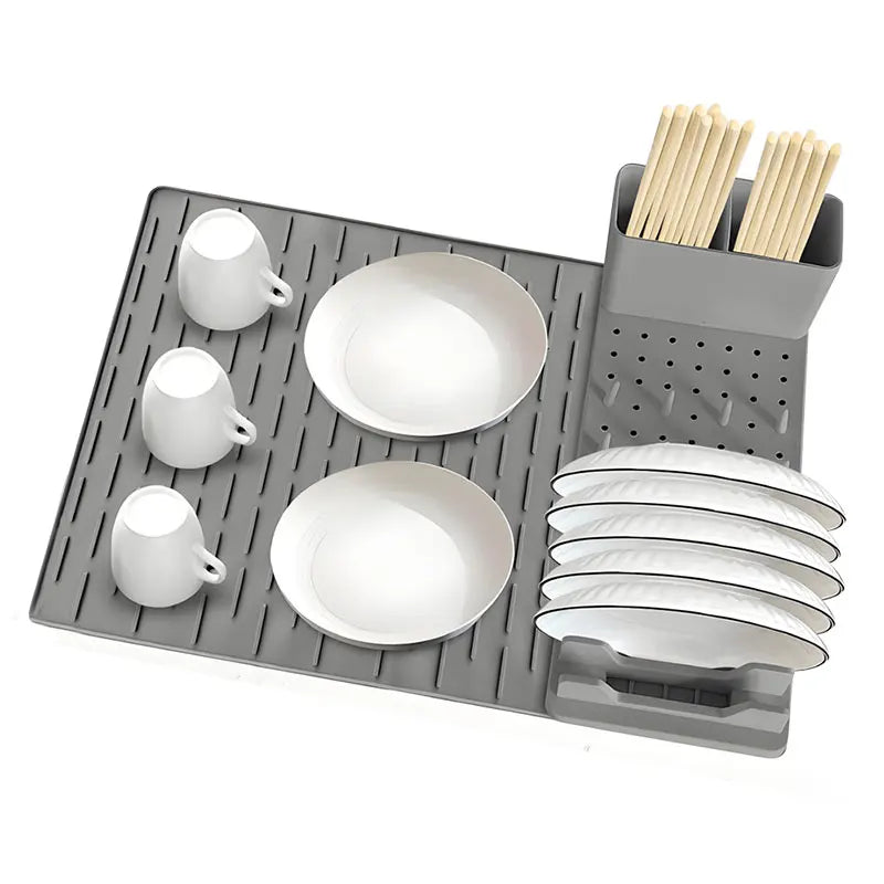Dish Rack Set | Ribbed Drying Mat With Cutlery Caddy