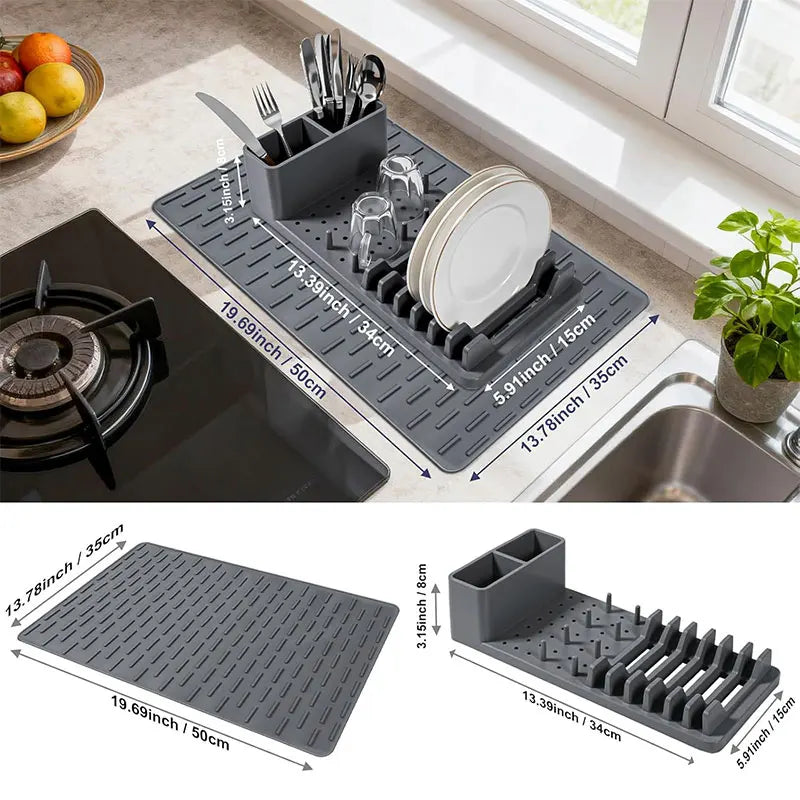 Dish Rack Set | Ribbed Drying Mat With Cutlery Caddy