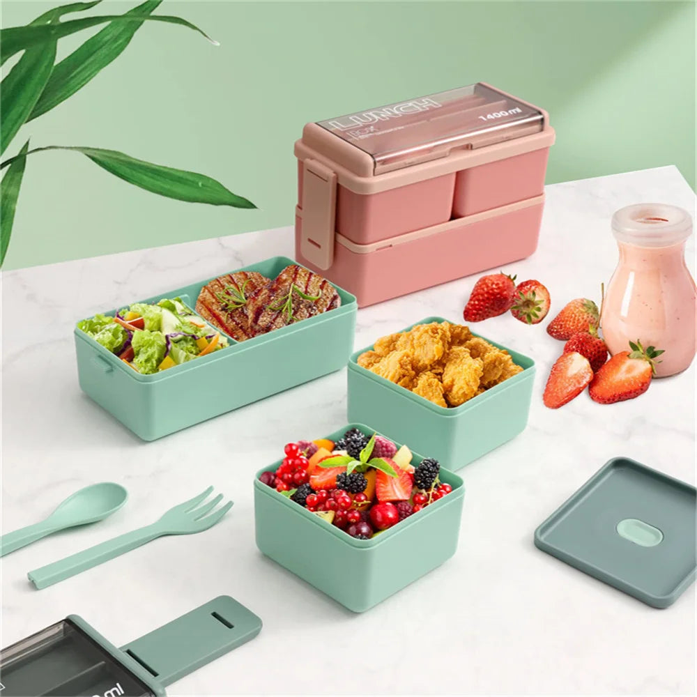 Double Layer Bento Box | 1400ml Portable Lunch Box with Fork & Spoon