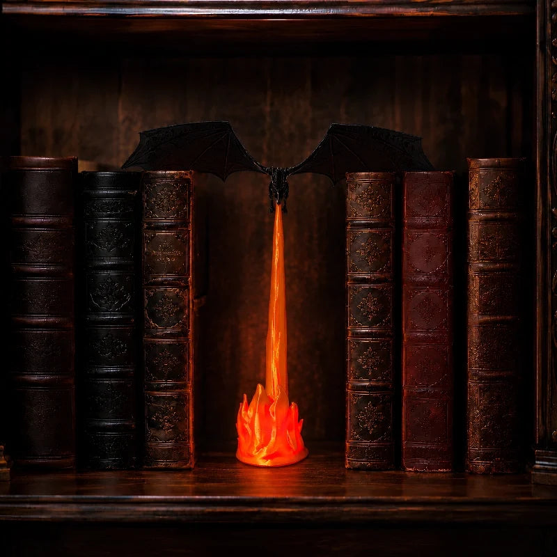 Dragon Night Light | Flying Dragon Silhouette with Fire-Breathing Illusion | Cordless, 3D-Printed PLA, Large or Small
