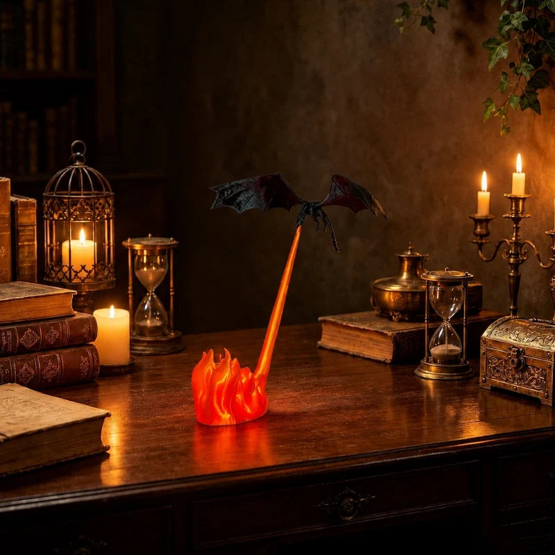 Dragon Night Light | Flying Dragon Silhouette with Fire-Breathing Illusion | Cordless, 3D-Printed PLA, Large or Small