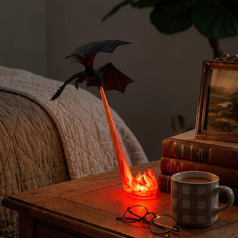 Dragon Night Light | Flying Dragon Silhouette with Fire-Breathing Illusion | Cordless, 3D-Printed PLA, Large or Small