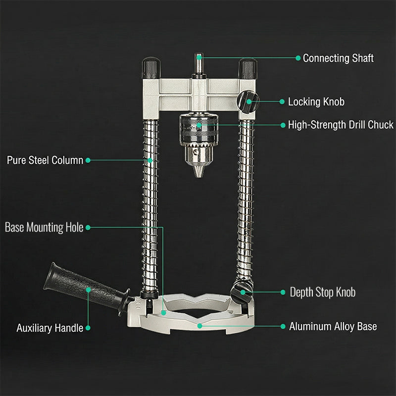 Drill Stand with Aluminium Base | 45-90 Degree Angle Lock | Steel Frame Cuts Vibration for Precise, Clean Holes