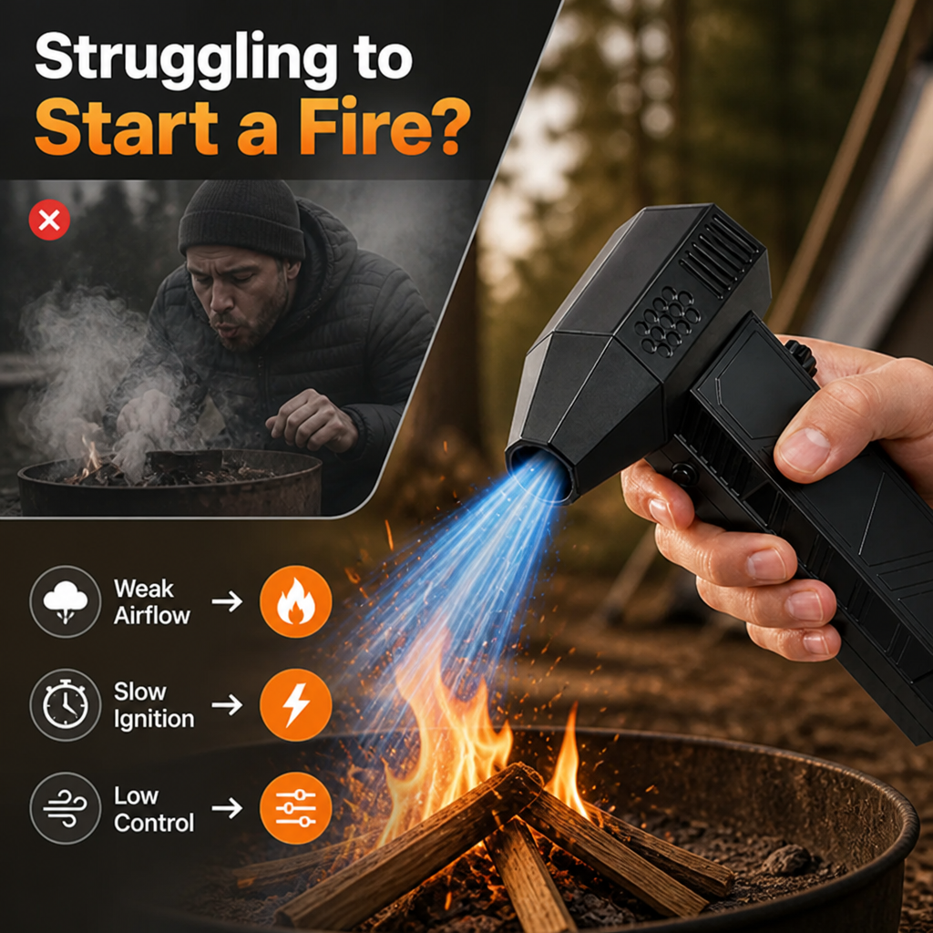 Electric Fire Blower | Adjustable Turbo Airflow, Rechargeable Battery | Heat-Resistant ABS Aluminium Build for Camping