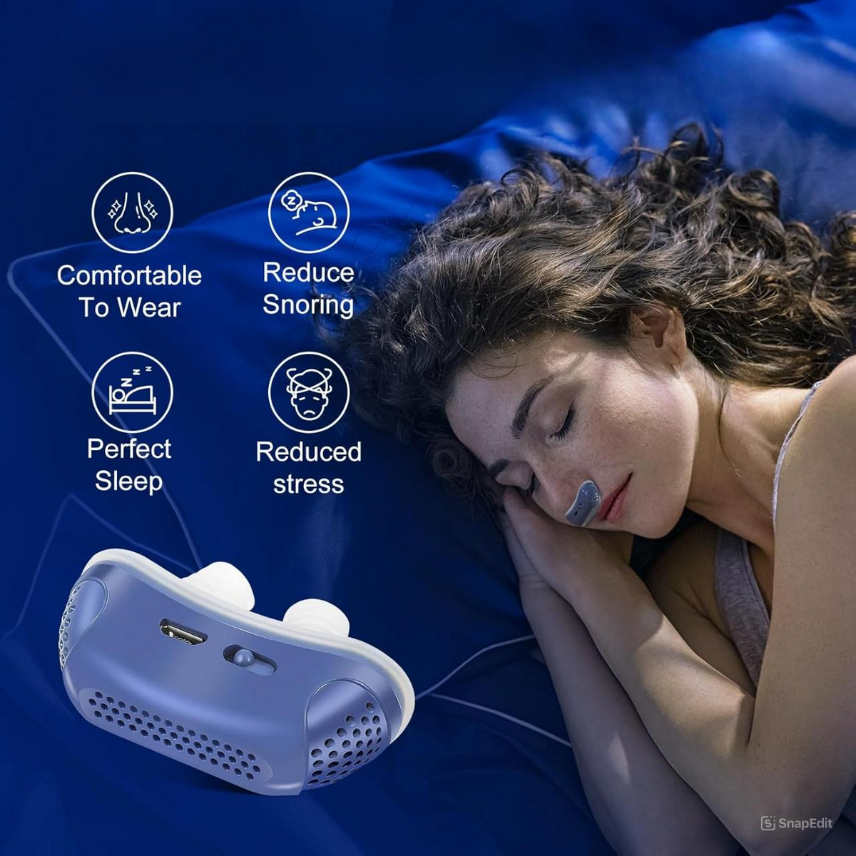 Electric Nasal Dilator Anti-Snoring Device | Micro-Fan Airflow, Rechargeable | Micro-USB Charging, Silicone Prongs