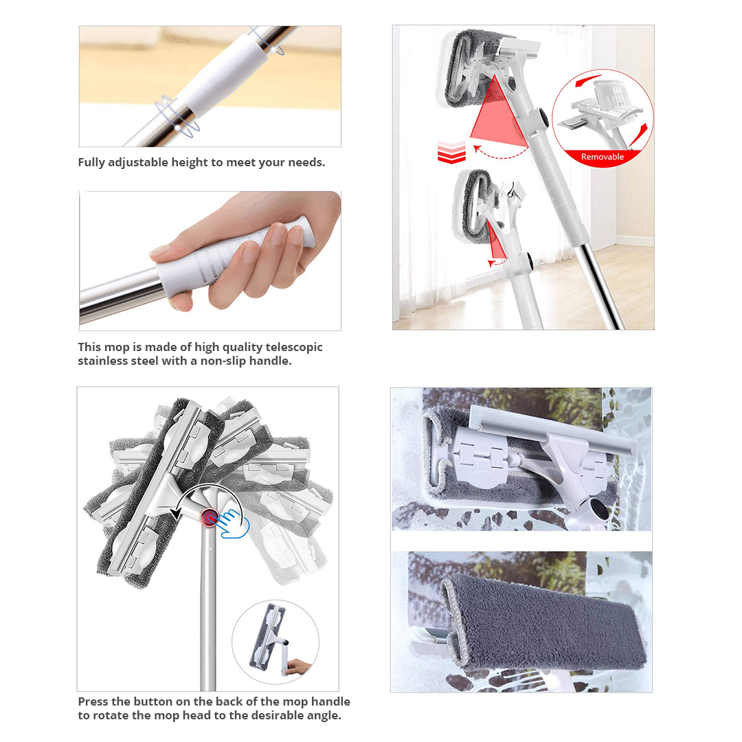 Extendable Window Cleaning Pole Stainless Steel | 300° Rotating Head with Fibre Cloths | Reach High Windows Without a Ladder