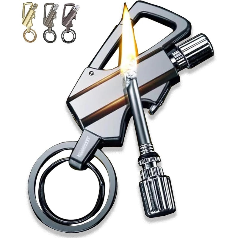 Flame Starter Keychain Zinc Alloy and Steel | 3-in-1 Bottle Opener, Carabiner Clip | Windproof Refillable Kerosene Flame