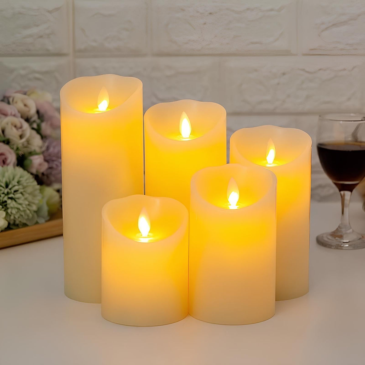 Flameless LED Block Candles ABS 5-Piece Set, 10-20 cm | Realistic Flicker Effect | Battery-Powered, No Open Flame