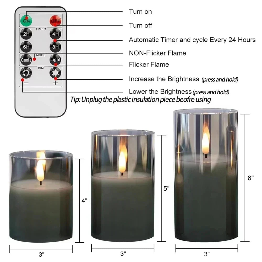 Flameless LED Candles Set of 3 | Realistic Flicker Effect, Shatterproof Glass Design | Remote-Controlled Timer, Safe Cozy Glow