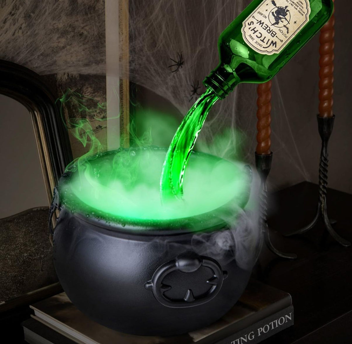 Floating Potion Bottle Cauldron Halloween Decoration | Fog Diffuser, Skeleton Props & Splash Baffle | USB Powered Glow Effect