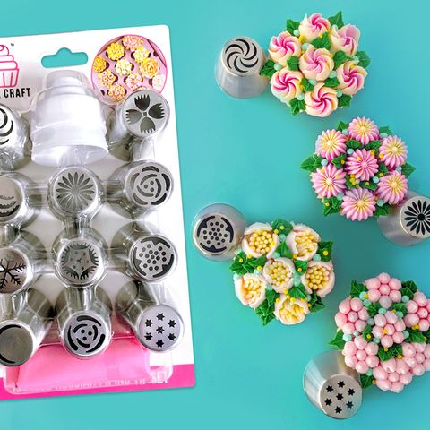 Floral Cake Decorating Kit Stainless Steel | 13-Piece Nozzle Set with Silicone Piping Bag | Reusable for Cakes & Cupcakes