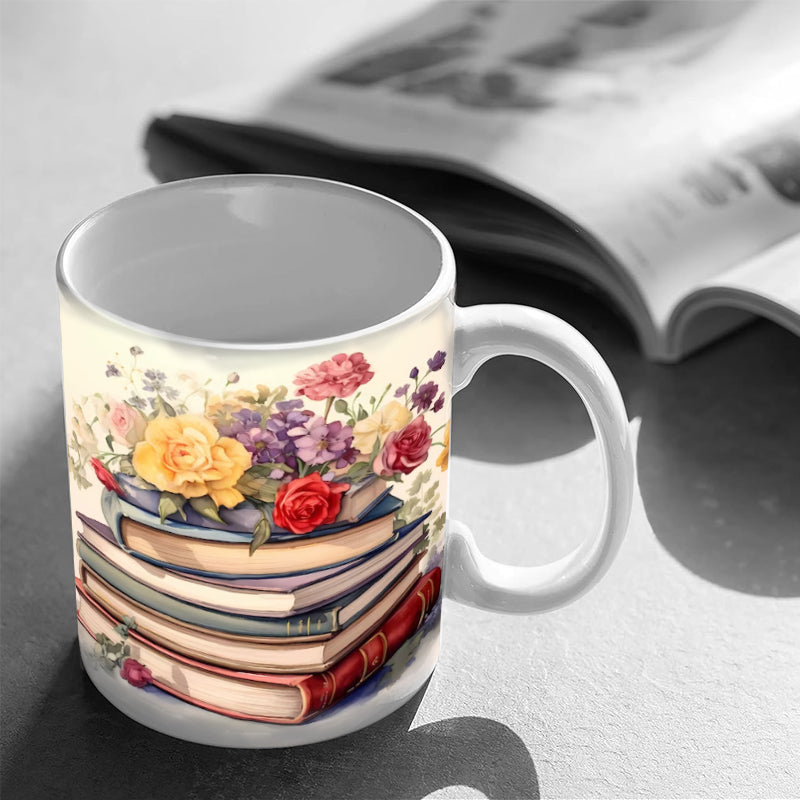 Floral Coffee Mug Textured Ceramic Dishwasher Safe with Raised Book Design