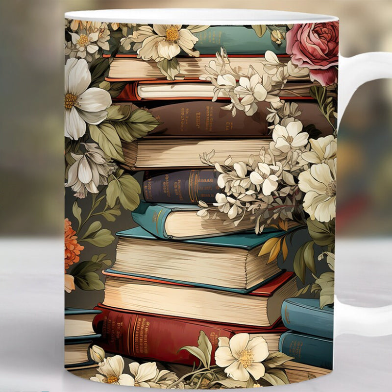 Floral Coffee Mug Textured Ceramic Dishwasher Safe with Raised Book Design
