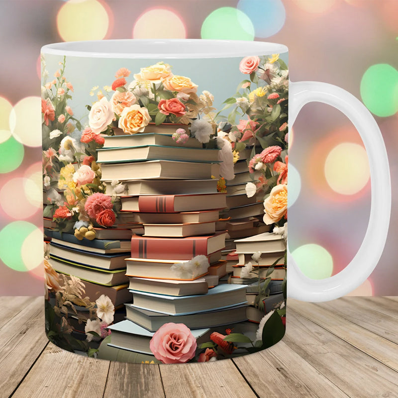 Floral Coffee Mug Textured Ceramic Dishwasher Safe with Raised Book Design
