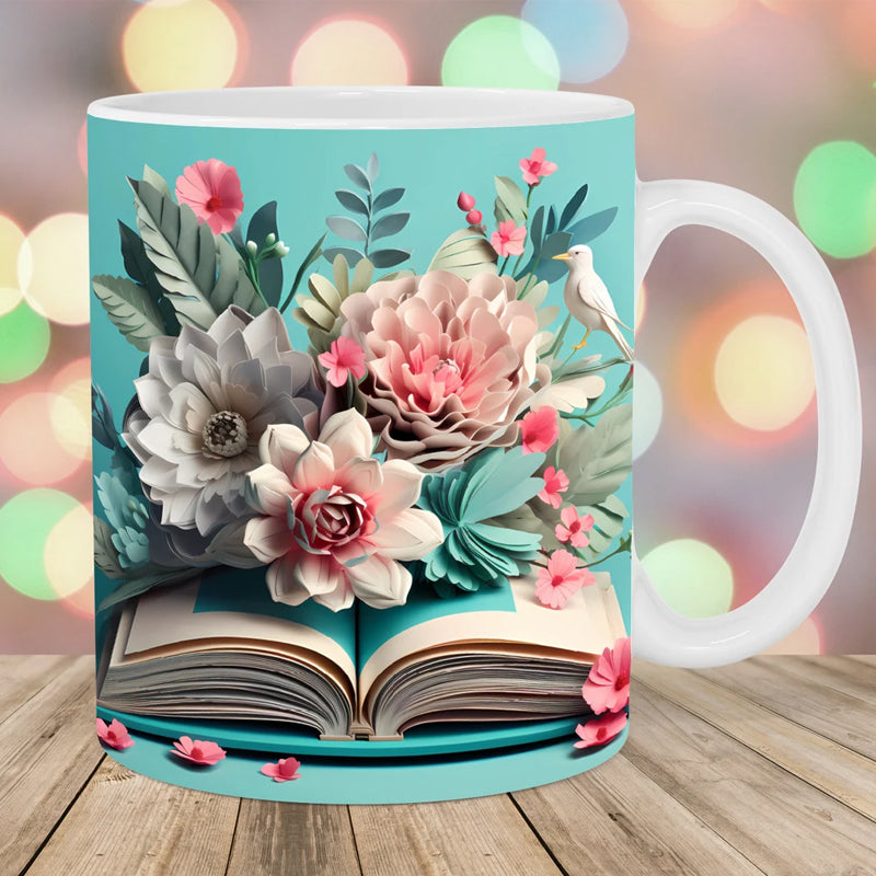Floral Coffee Mug Textured Ceramic Dishwasher Safe with Raised Book Design