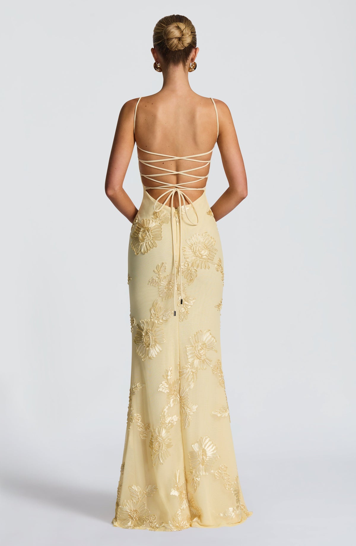 Floral Maxi Dress - Stretch Mesh - Underwired - Lace-Up - Lemon