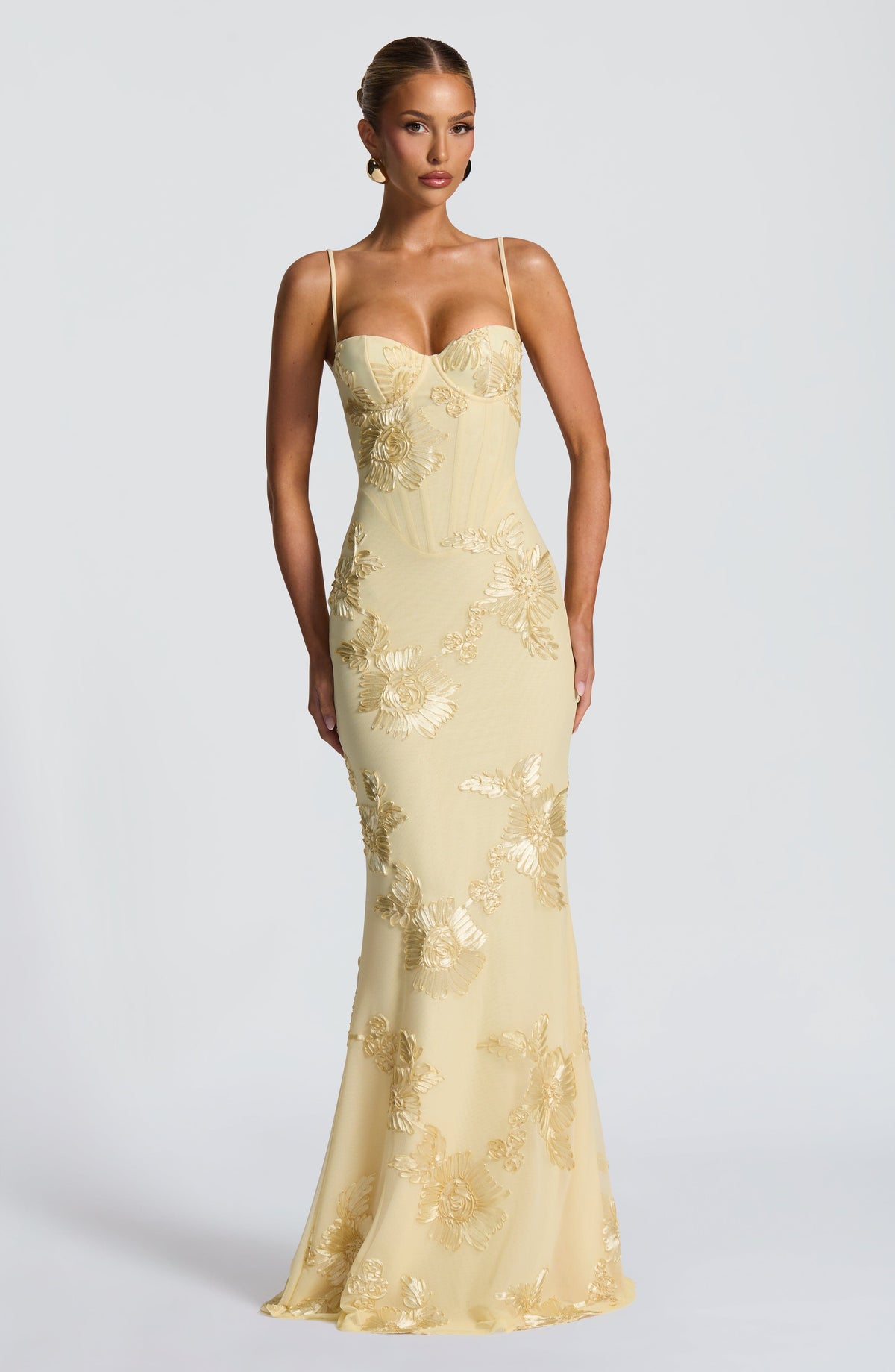 Floral Maxi Dress - Stretch Mesh - Underwired - Lace-Up - Lemon