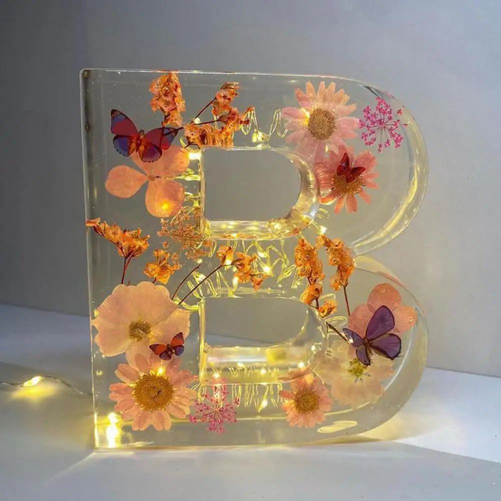Floral Night Lamp | Resin Letter Light with Pressed Flowers and Fairy Lights