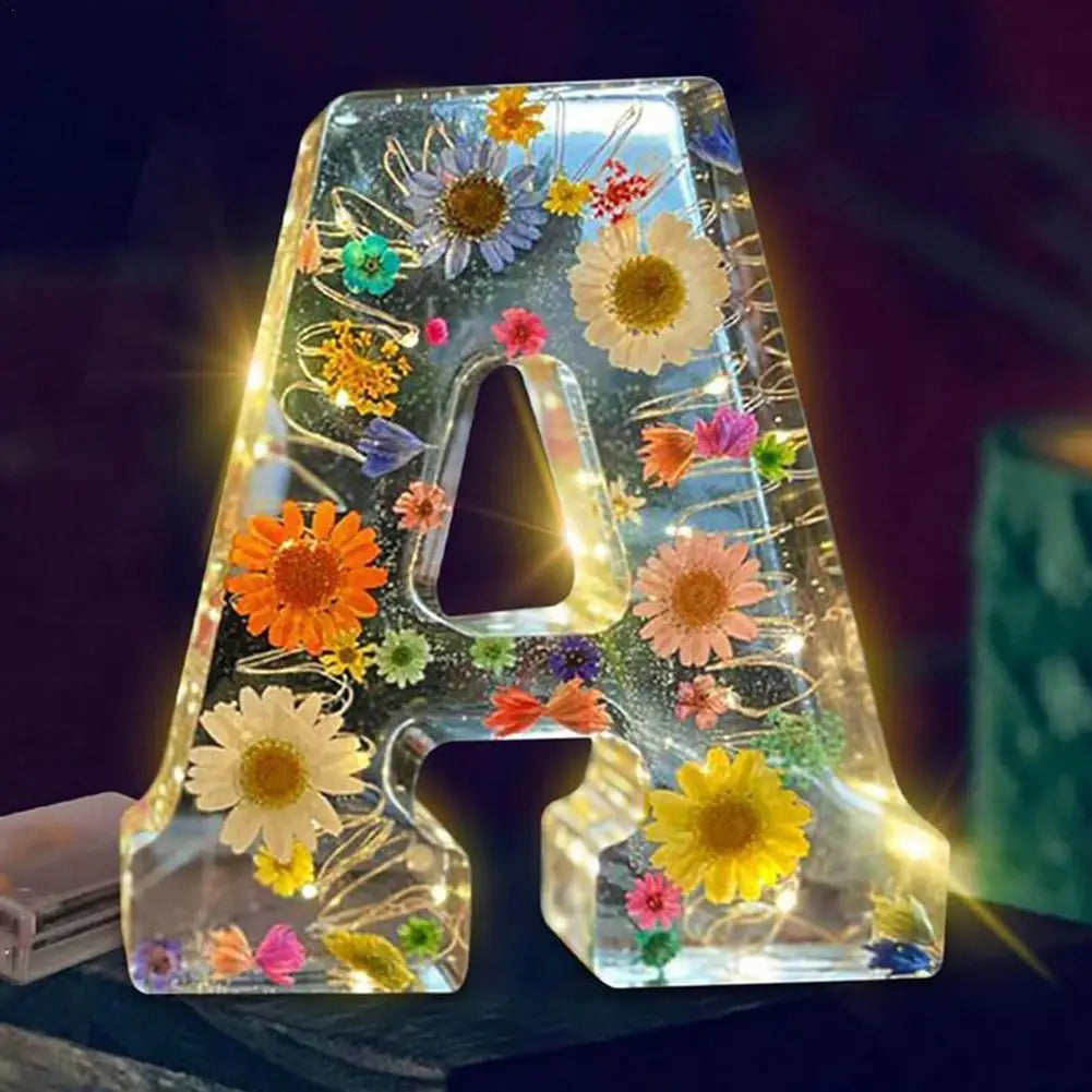 Floral Night Lamp | Resin Letter Light with Pressed Flowers and Fairy Lights
